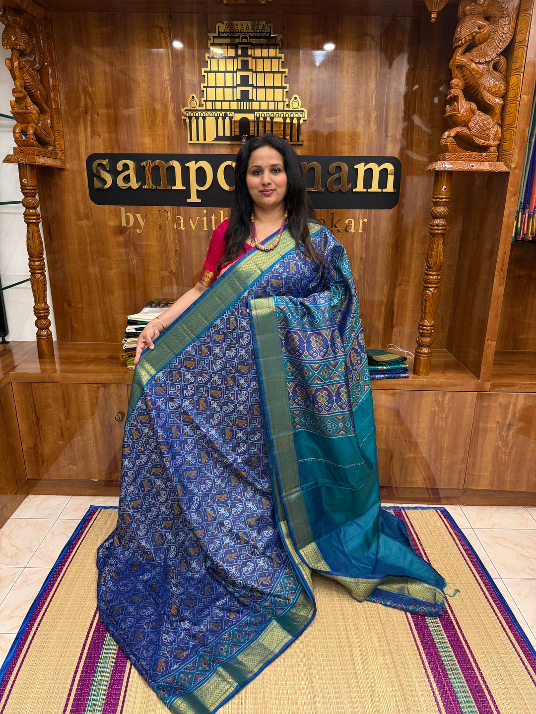 Indigo Blue with Blue  , Pochampally inspired designs in the body and traditional Kanchi Pallu , Semi Pochampally Silk Saree