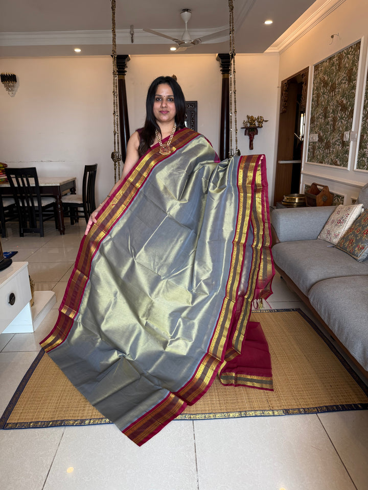 Sage Green with Magenta , traditional Kanchi borders  and rich Pallu  Korvai Silk Cotton Saree