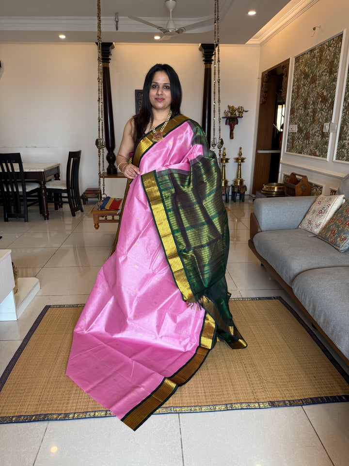 Baby Pink with Dark Green , Zari butta in the body , traditional borders and rich Pallu  Korvai Silk Cotton Saree