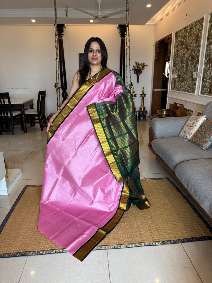 Baby Pink with Dark Green , Zari butta in the body , traditional borders and rich Pallu  Korvai Silk Cotton Saree