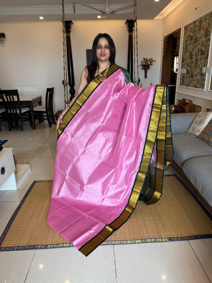 Baby Pink with Dark Green , Zari butta in the body , traditional borders and rich Pallu  Korvai Silk Cotton Saree