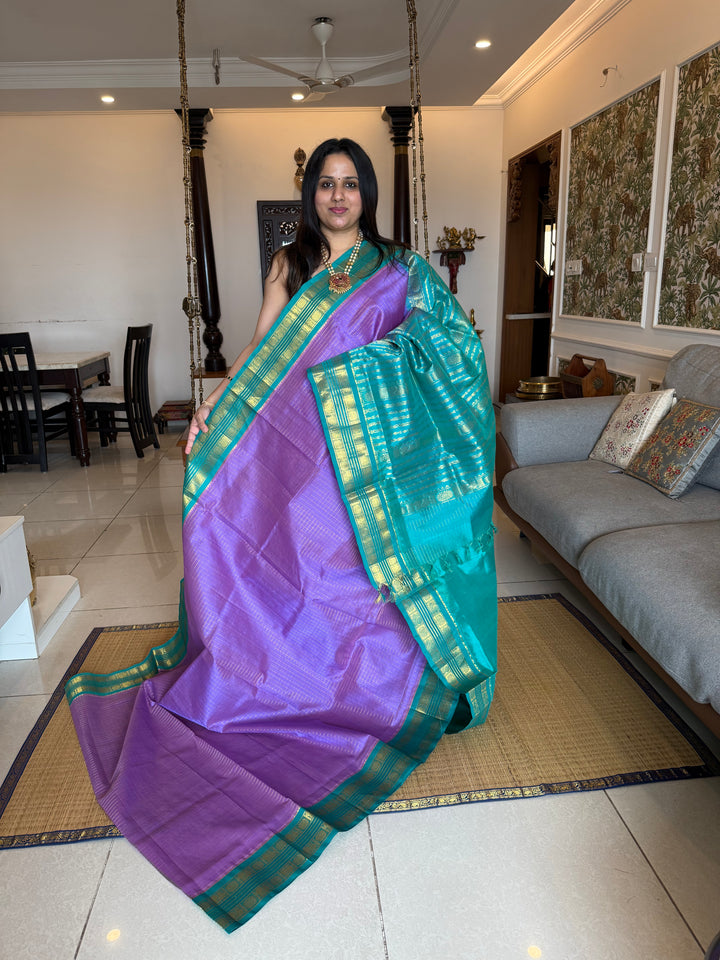 Lavender with Turquoise Blue Zari Kattam in the body , rettapet traditional border and rich Pallu  Korvai Silk Cotton Saree