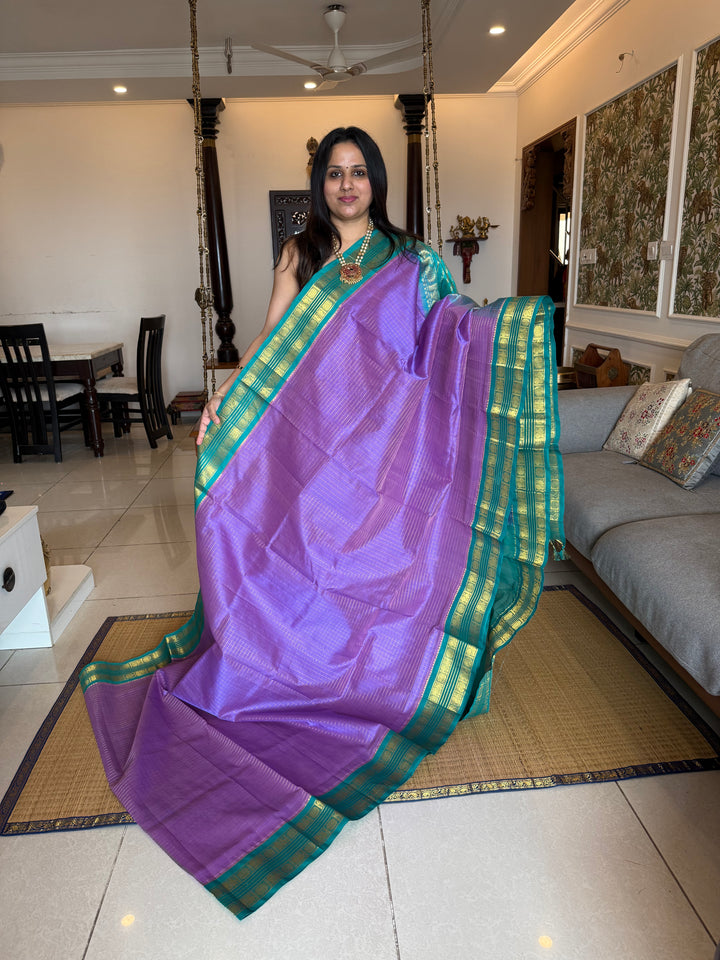 Lavender with Turquoise Blue Zari Kattam in the body , rettapet traditional border and rich Pallu  Korvai Silk Cotton Saree