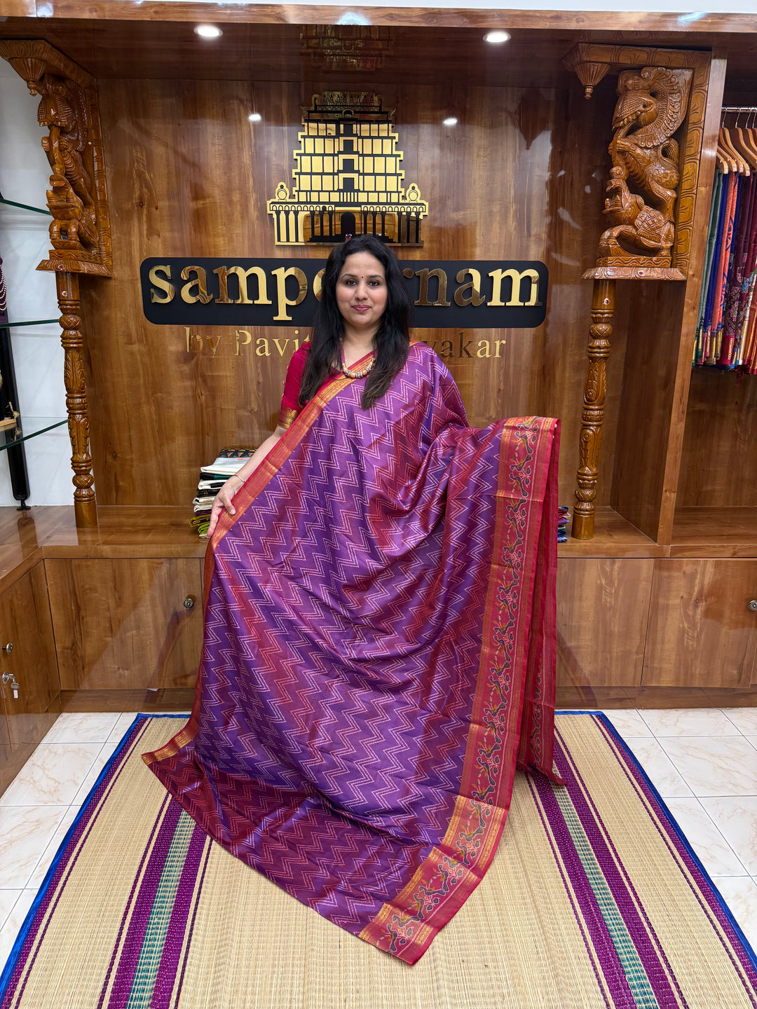 Magenta with Red , Pochampally inspired designs in the body and traditional Kanchi Pallu , Semi Pochampally Silk Saree
