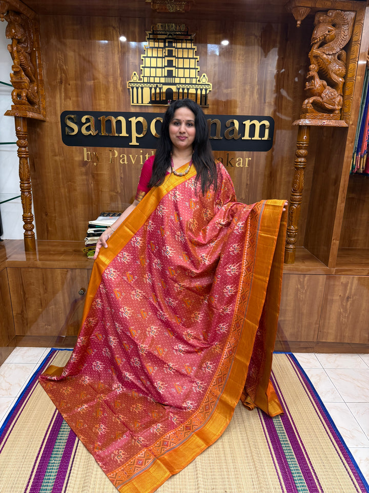 Rough Red with Orange  , Pochampally inspired designs in the body and traditional Kanchi Pallu , Semi Pochampally Silk Saree
