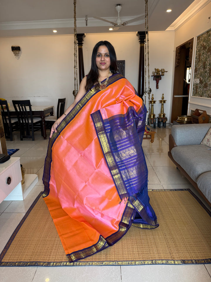 Baby Pink with Blue, traditional borders and rich Pallu Korvai Silk Cotton Saree
