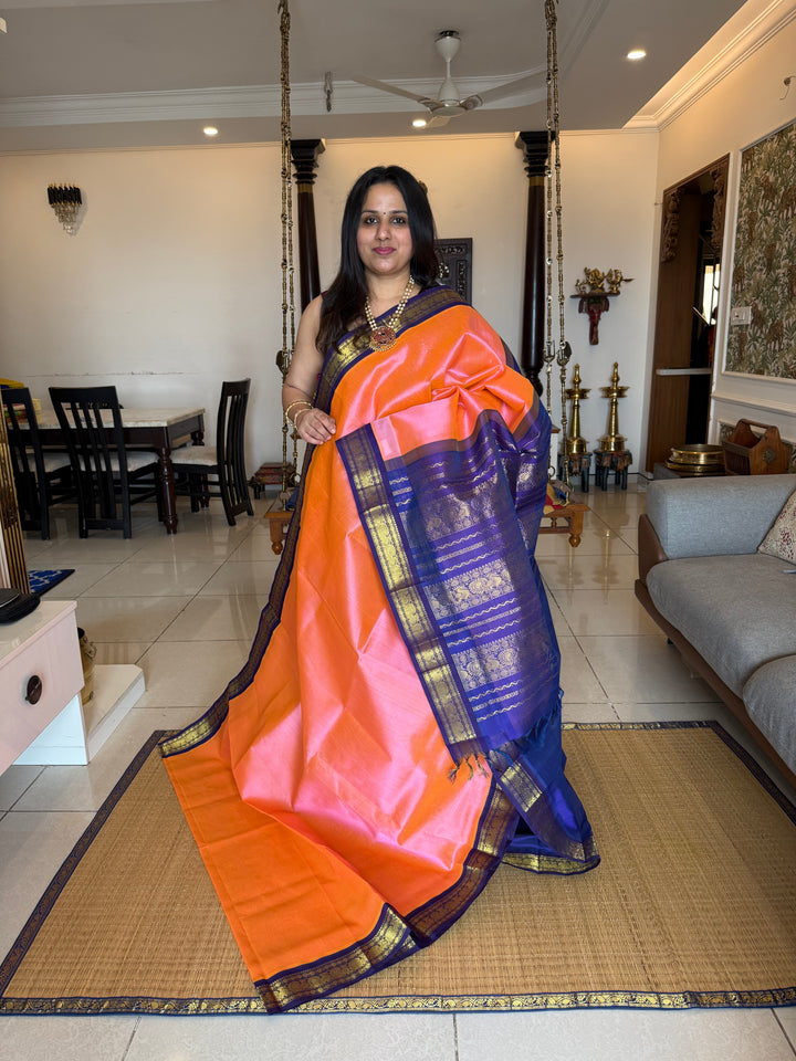 Baby Pink with Blue, traditional borders and rich Pallu Korvai Silk Cotton Saree