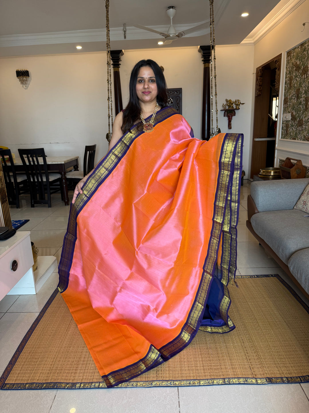 Baby Pink with Blue, traditional borders and rich Pallu Korvai Silk Cotton Saree
