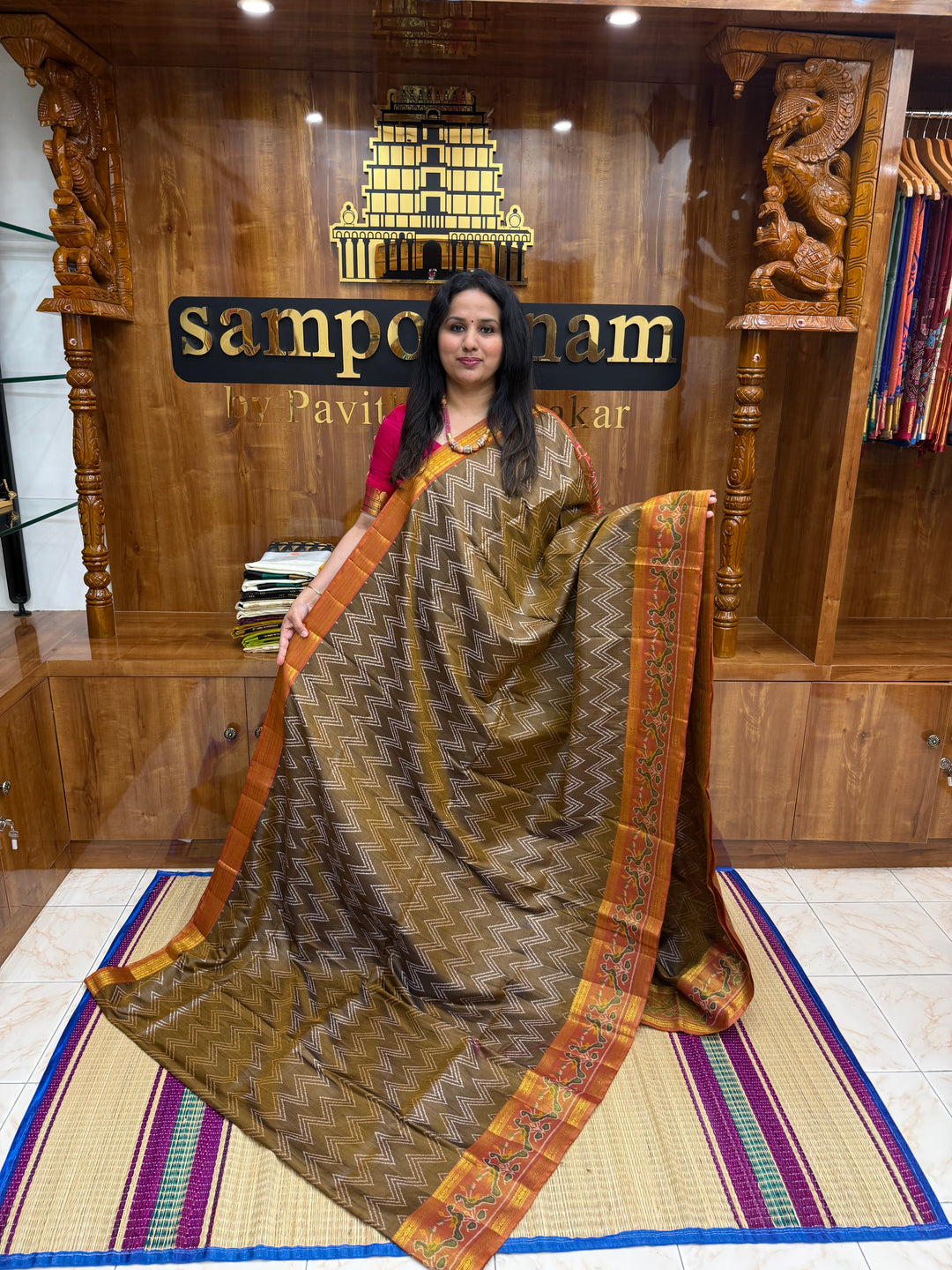 Brown with Orange ,  Pochampally inspired designs in the body and traditional Kanchi Pallu , Semi Pochampally Silk Saree