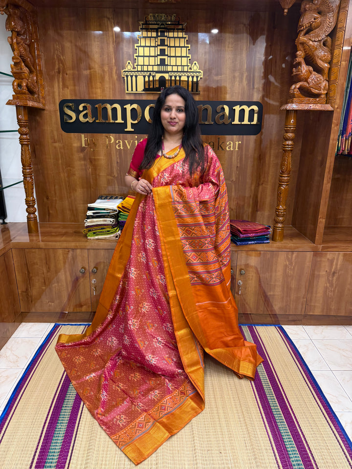 Rough Red with Orange  , Pochampally inspired designs in the body and traditional Kanchi Pallu , Semi Pochampally Silk Saree