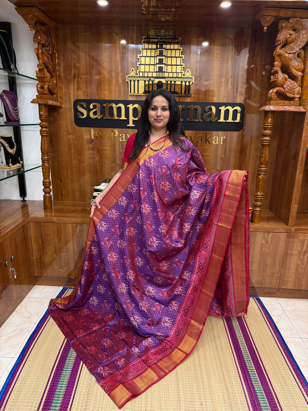 Purple with Magenta  , Pochampally inspired designs in the body and traditional Kanchi Pallu , Semi Pochampally Silk Saree