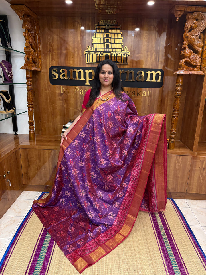 Purple with Magenta  , Pochampally inspired designs in the body and traditional Kanchi Pallu , Semi Pochampally Silk Saree