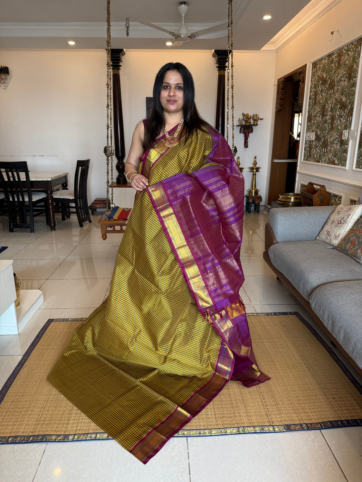 Mustard and Green podi kattam with Purple traditional borders and rich Pallu Korvai Silk Cotton Saree