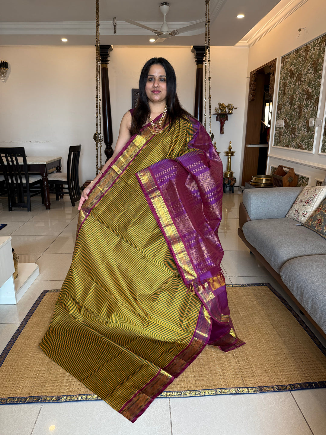 Mustard and Green podi kattam with Purple traditional borders and rich Pallu Korvai Silk Cotton Saree