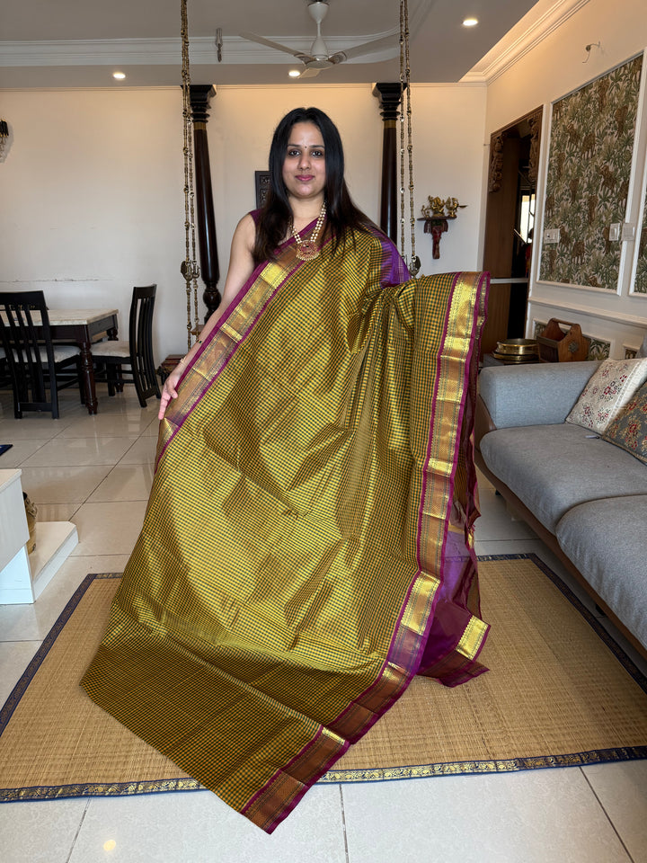 Mustard and Green podi kattam with Purple traditional borders and rich Pallu Korvai Silk Cotton Saree