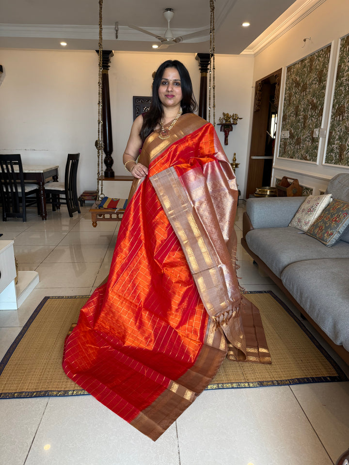 Rust Orange with Dark Beige rettapet traditional borders rich zari checks in the body and rich Pallu Korvai Silk Cotton Saree