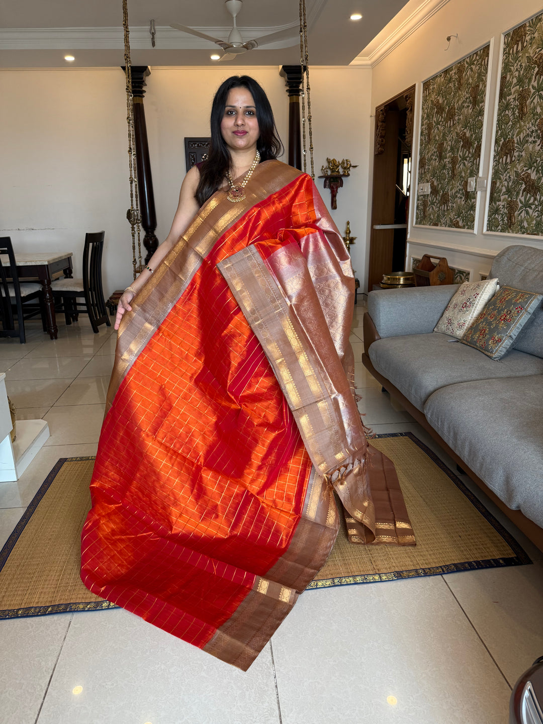 Rust Orange with Dark Beige rettapet traditional borders rich zari checks in the body and rich Pallu Korvai Silk Cotton Saree