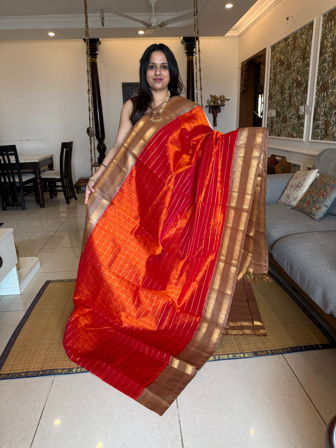 Rust Orange with Dark Beige rettapet traditional borders rich zari checks in the body and rich Pallu Korvai Silk Cotton Saree