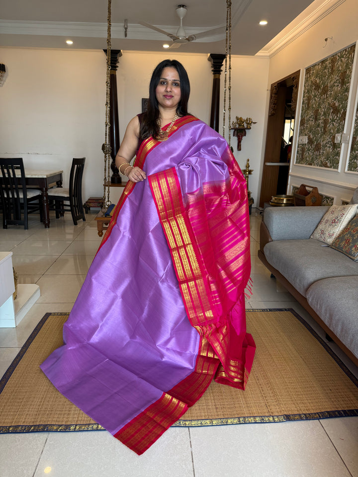 Lavender with Pink , one side big Kanchi big traditional border and rich Pallu Korvai Silk Cotton Saree