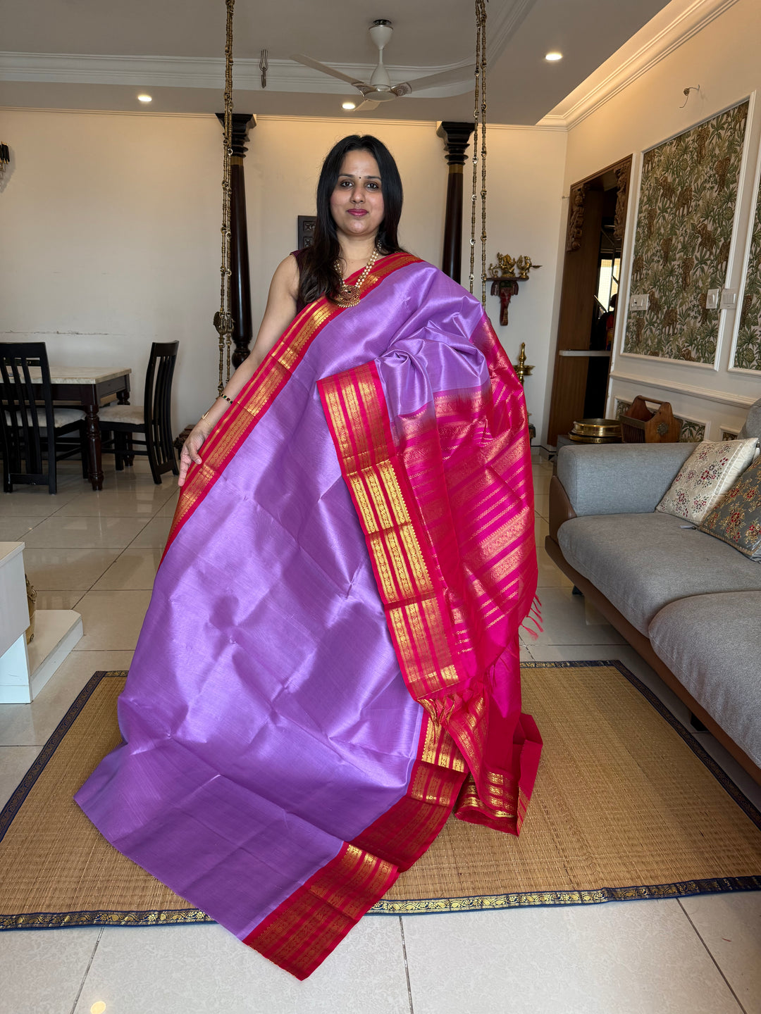 Lavender with Pink , one side big Kanchi big traditional border and rich Pallu Korvai Silk Cotton Saree