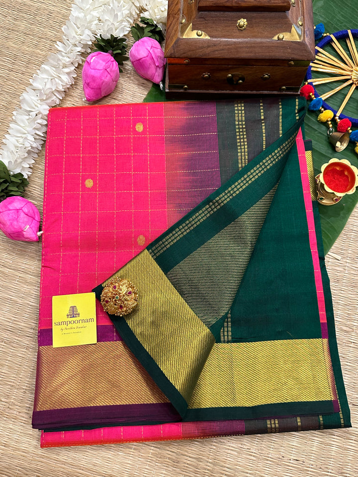 Magenta with Green Body Zari CHecks with Butta Silk Cotton Saree