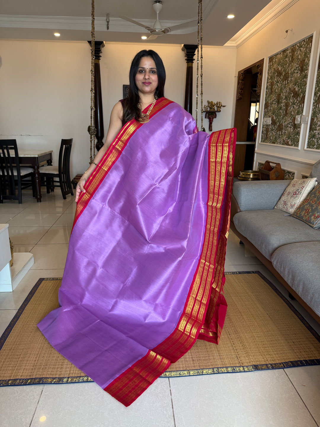 Lavender with Pink , one side big Kanchi big traditional border and rich Pallu Korvai Silk Cotton Saree
