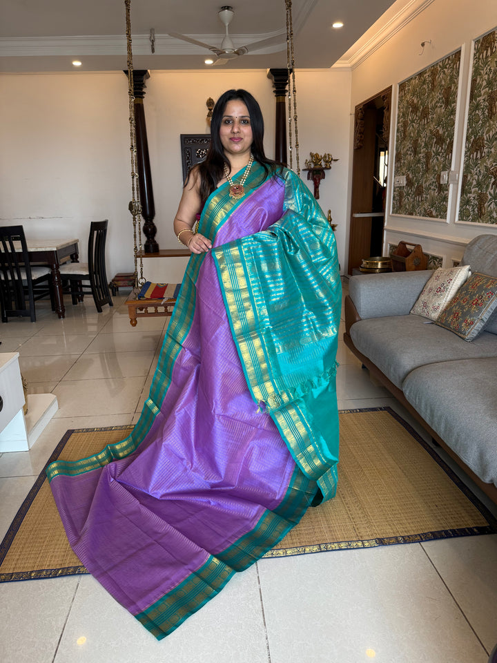 Lavender with Turquoise Blue Zari Kattam in the body , rettapet traditional border and rich Pallu  Korvai Silk Cotton Saree