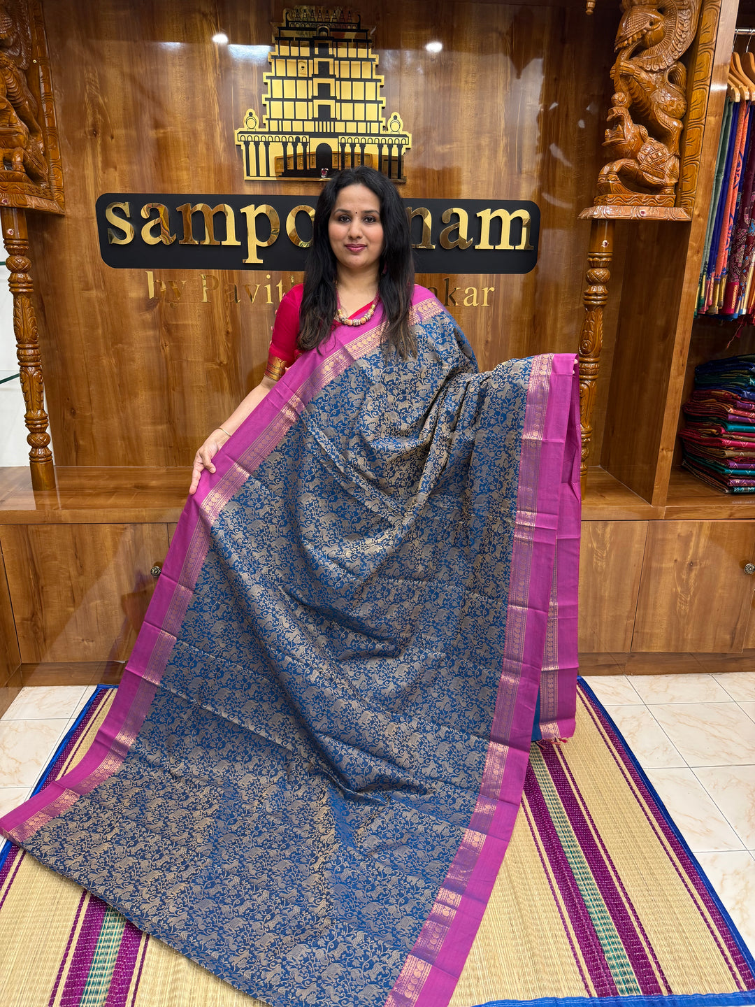 Mayil Blue with Pink , Rich Vanasingaram thread motif in the body , Traditional borders and Plain Pallu Chettinad Cottton Saree