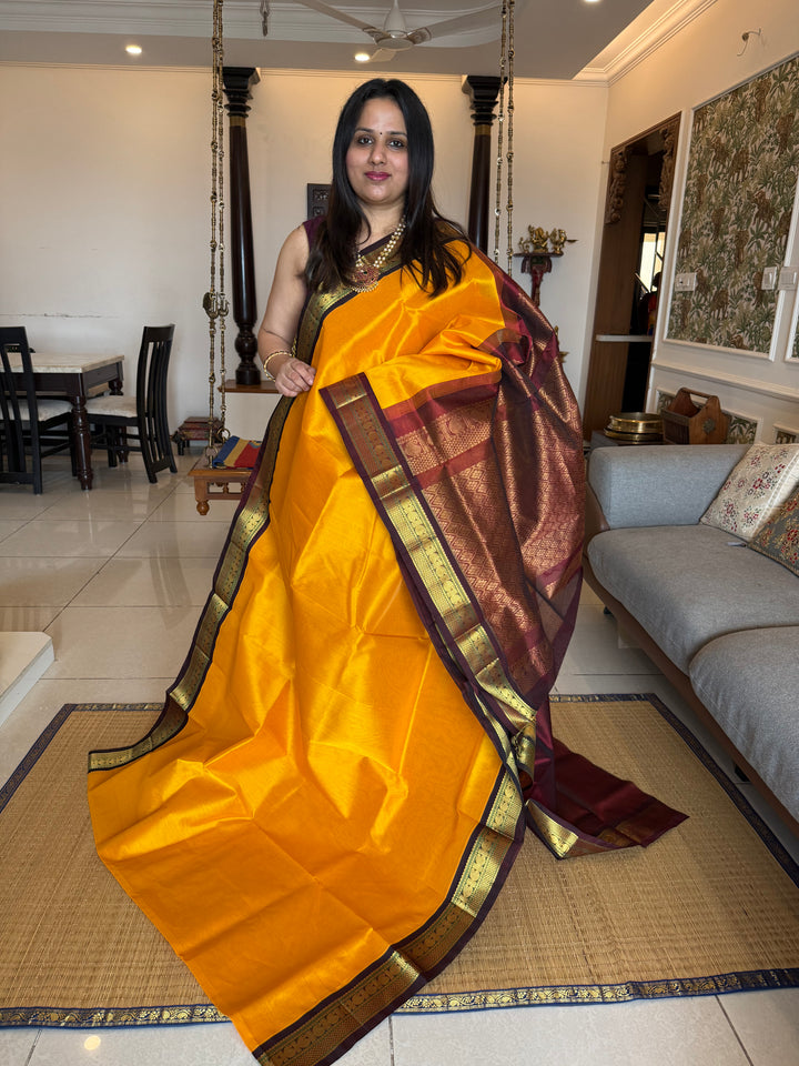 Mambazha Manjal with Araku , traditional borders and rich Pallu Korvai Silk Cotton Saree