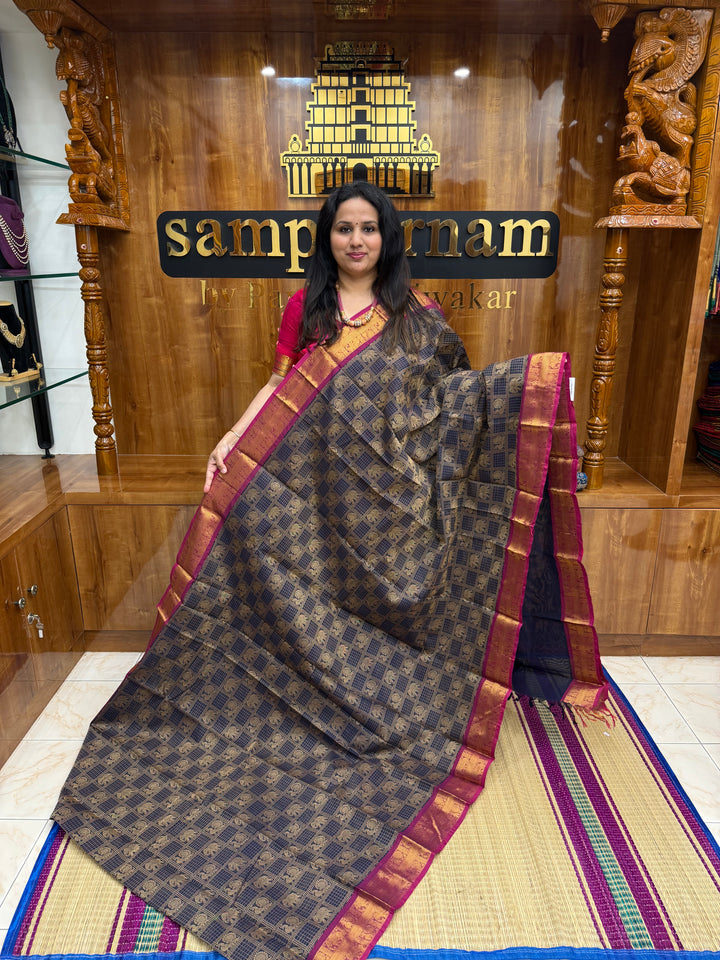Dark Blue with Magenta , Check with Annam and Elephant motif in the body and traditional border Chettinad Cotton Saree