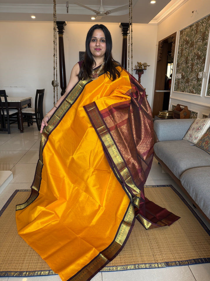 Mambazha Manjal with Araku , traditional borders and rich Pallu Korvai Silk Cotton Saree
