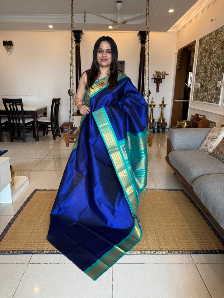 Dark Blue with Turquoise Blue , traditional borders and rich Pallu Korvai Silk Cotton Saree