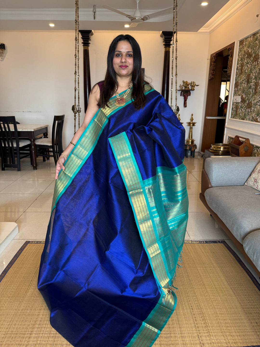 Dark Blue with Turquoise Blue , traditional borders and rich Pallu Korvai Silk Cotton Saree