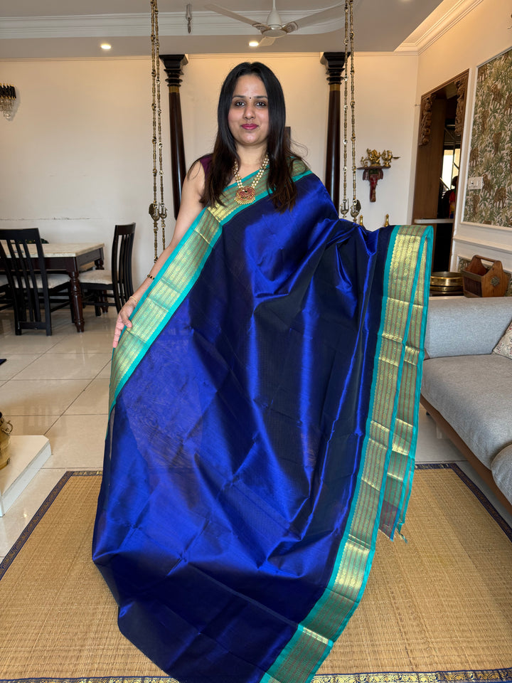 Dark Blue with Turquoise Blue , traditional borders and rich Pallu Korvai Silk Cotton Saree