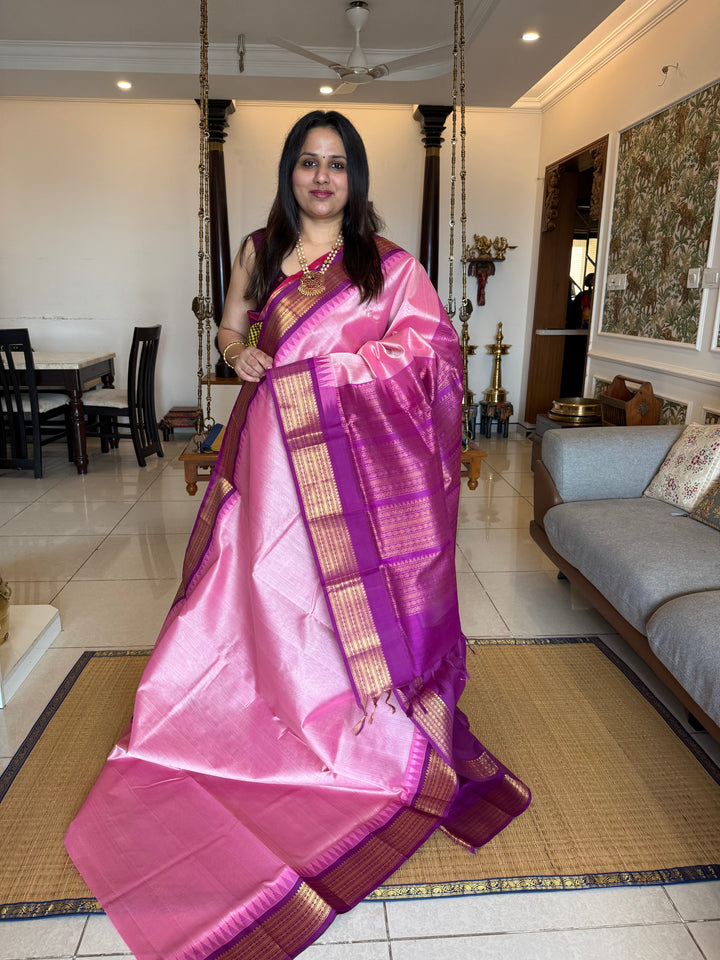 Onion Pink with Purple , temple traditional borders with rich Pallu Korvai Silk Cotton Saree