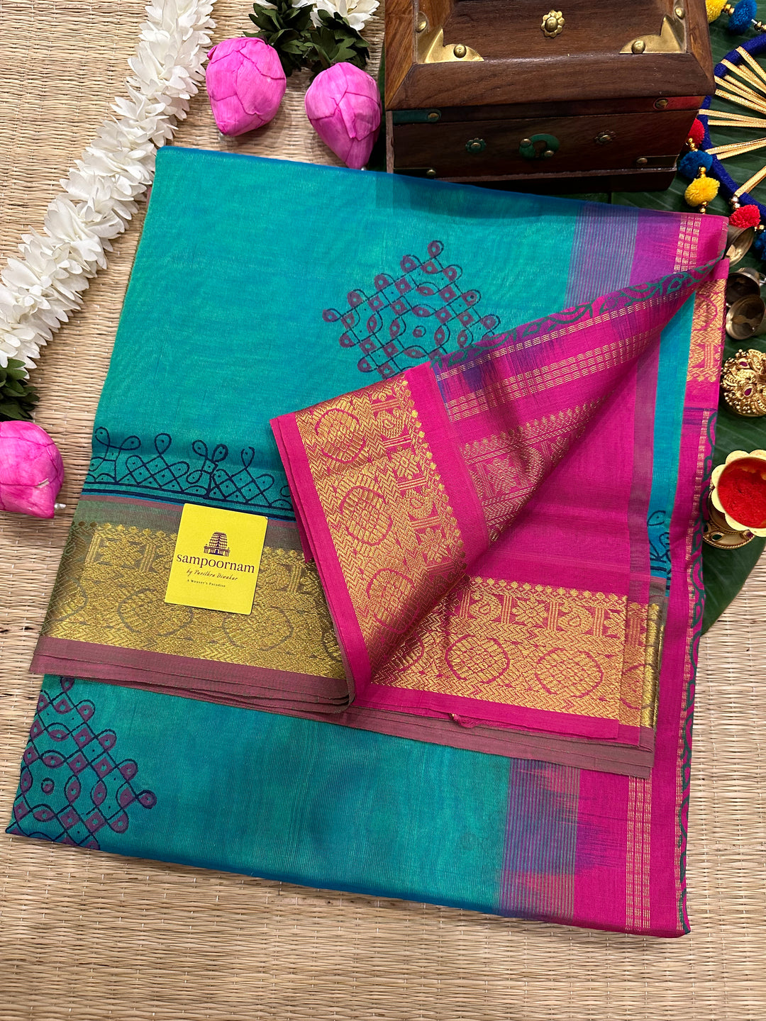 Ramar Blue With Pink Kolam Handblock Printed Silk Cotton Saree