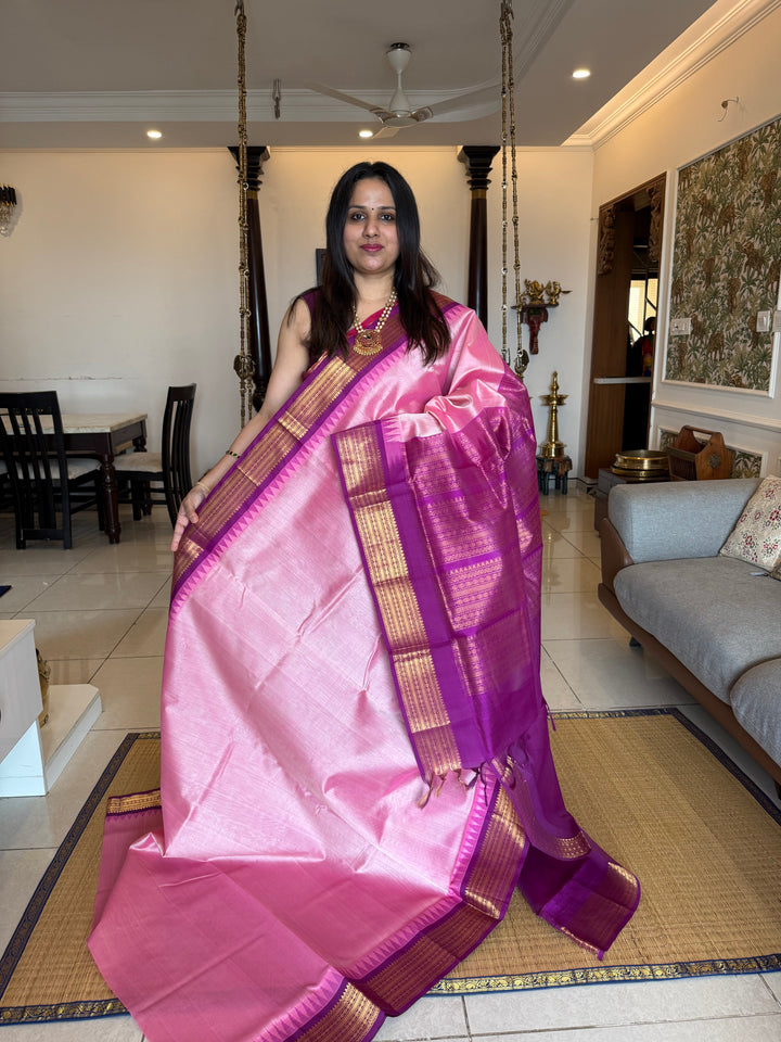 Onion Pink with Purple , temple traditional borders with rich Pallu Korvai Silk Cotton Saree