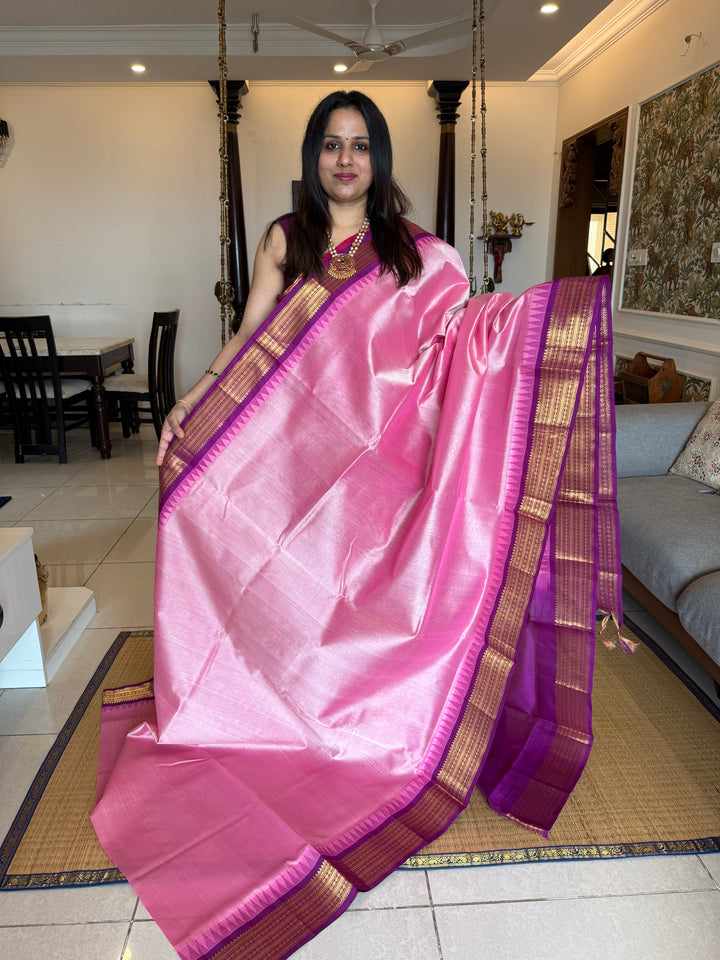 Onion Pink with Purple , temple traditional borders with rich Pallu Korvai Silk Cotton Saree