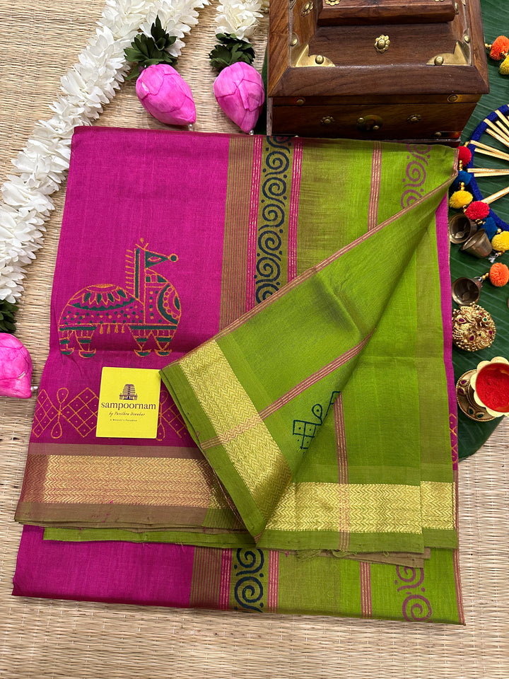 Magenta And Green Terracota Handblock Printed Silk Cotton Saree