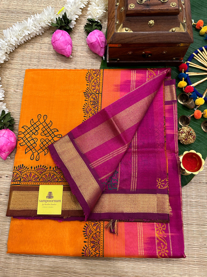 Orange and Pink Kolam Handblock Printed Silk Cotton Saree