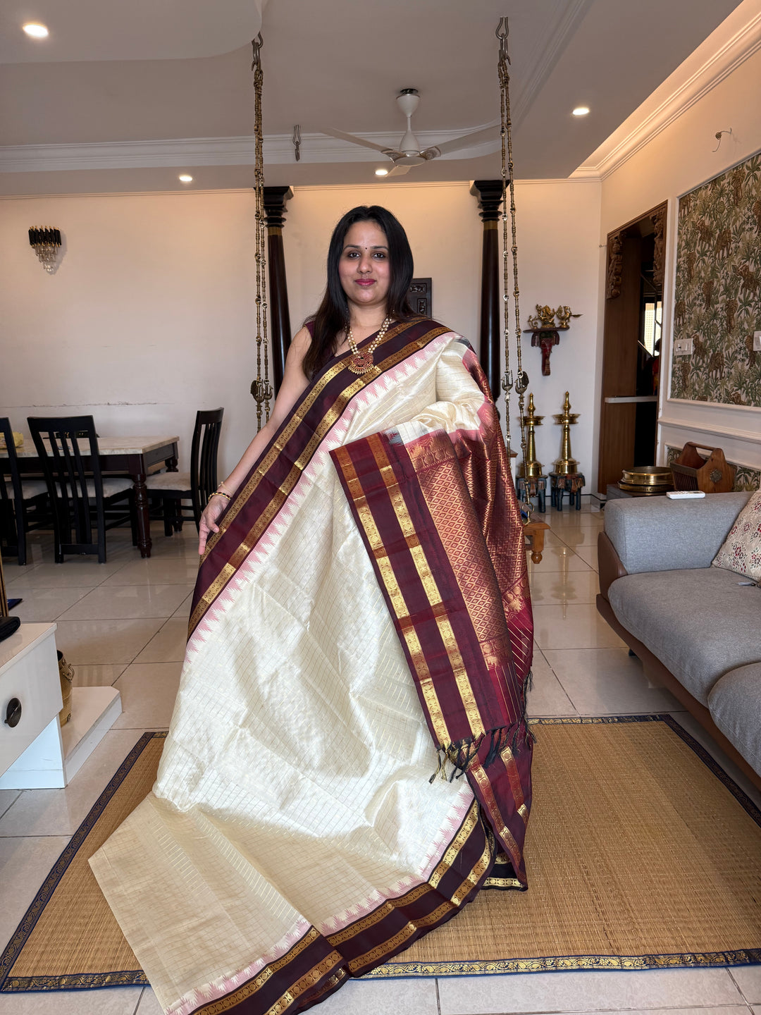Offwhite with Dark Maroon , traditional rettapet border ,Zari kattam in the body with Zari butta , rich Pallu  Korvai Silk Cotton Saree