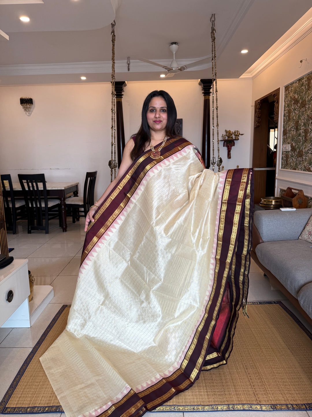 Offwhite with Dark Maroon , traditional rettapet border ,Zari kattam in the body with Zari butta , rich Pallu  Korvai Silk Cotton Saree