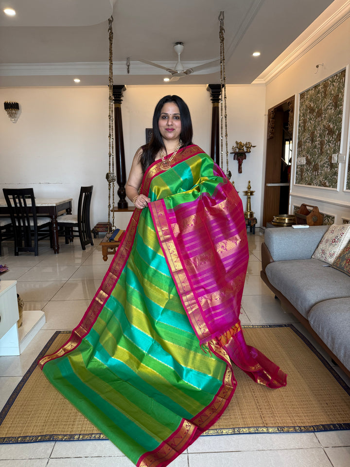 A Fusion of colours shades of Green and Blue with Magenta  , traditional borders and rich Pallu Korvai Silk Cotton Saree