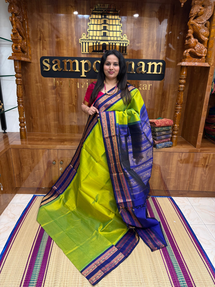 Sneha Green with Blue , Rich Zari Podi Kattam in the body and rettapet borders , Grand Pallu Koravi Silk Cotton Saree