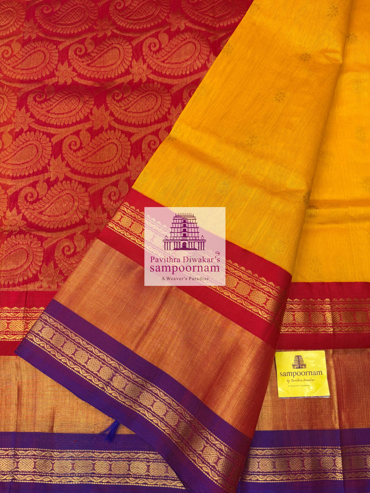 Mambazha Manjal with Red , one side Triple long Tissue border and rich Pallu Korvai Silk Cotton Saree