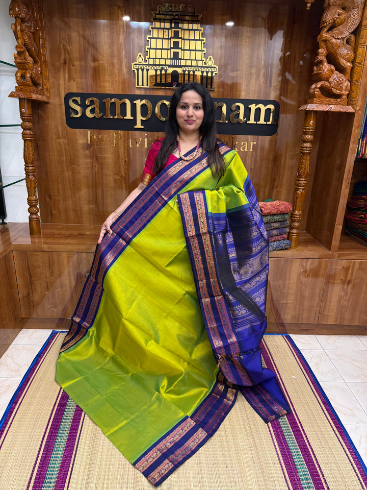 Sneha Green with Blue , Rich Zari Podi Kattam in the body and rettapet borders , Grand Pallu Koravi Silk Cotton Saree