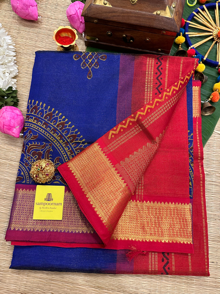 Blue with Red Vaira Oosi Kolam Handblock Printed Silk Cotton Saree