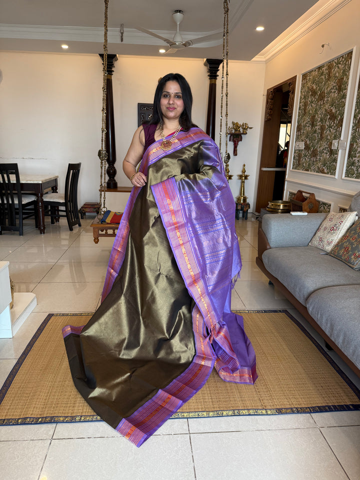 Army Green with Lavender , big rich Kanchi traditional border and rich Pallu Korvai Silk Cotton Saree3