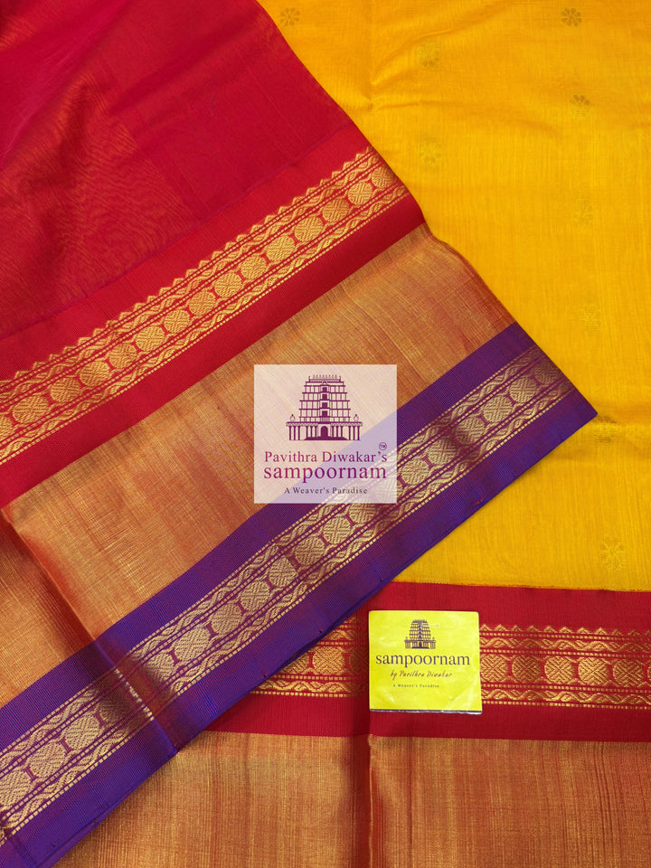 Mambazha Manjal with Red , one side Triple long Tissue border and rich Pallu Korvai Silk Cotton Saree