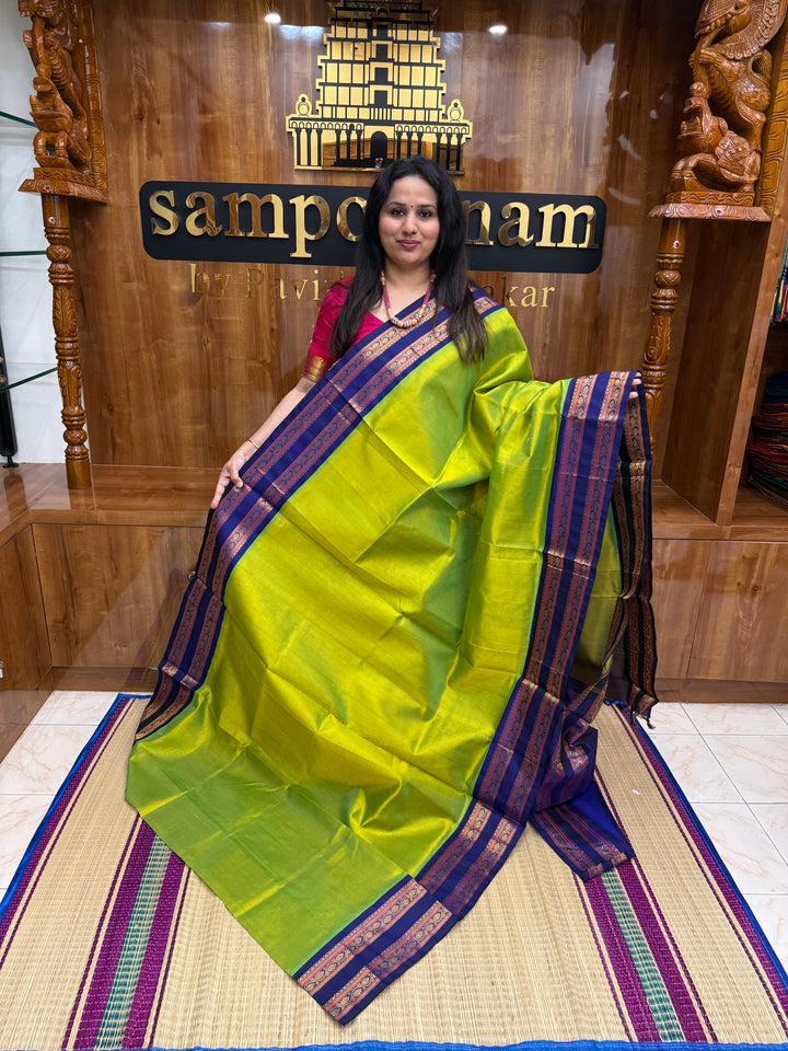Sneha Green with Blue , Rich Zari Podi Kattam in the body and rettapet borders , Grand Pallu Koravi Silk Cotton Saree
